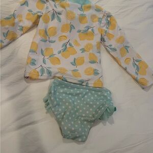 Hudson Baby Mint Lemon Long Sleeve Rashguard Swim with Polka Dot Bottoms size 2T